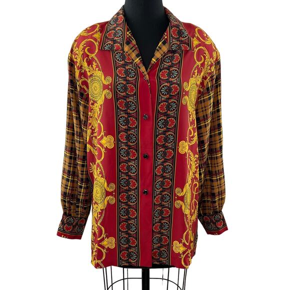 VINTAGE BrownStone Multi Blouse Top Chain Printed Notch Lapel Button Front 14W - Picture 1 of 6